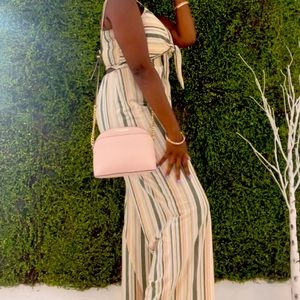 Tan jumpsuit backless open back printed AND jumpsuit